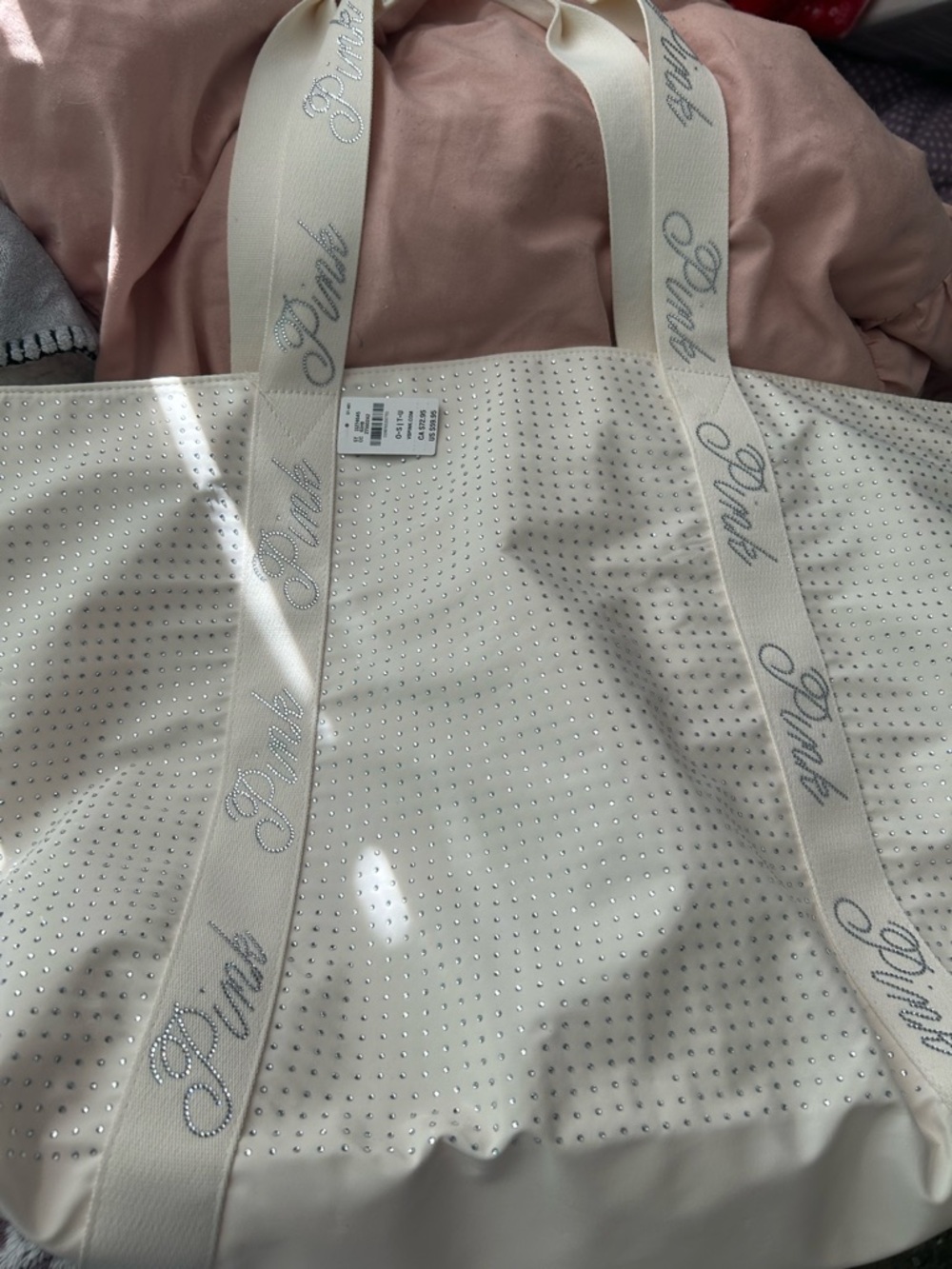 PINK Victoria's Secret Cream Tote with Rhinestone Stud Accents